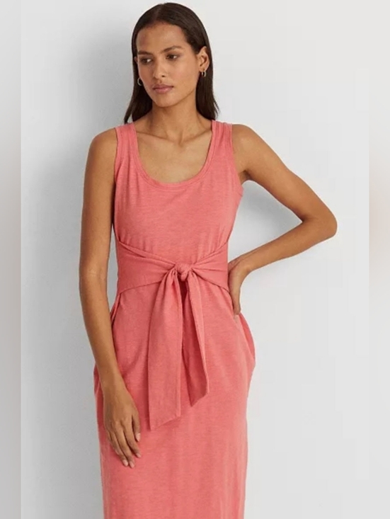 Ralph Lauren Dresses & Skirts - Ralph Lauren Coral Sleeveless Midi Dress Size 8 Tie Waist Side Slit Casual